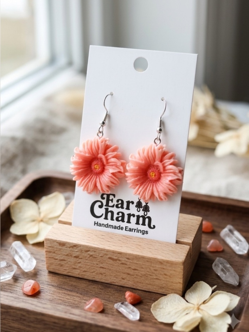 New Coral/Peach Daisy Flower Drop Earrings